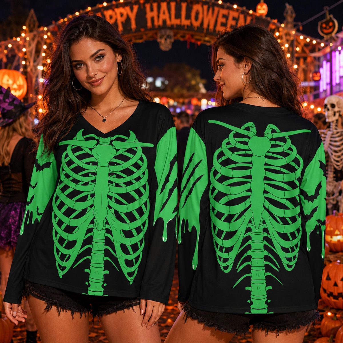 Lifestyle view of an adult wearing the black and green Halloween skeleton hockey jersey