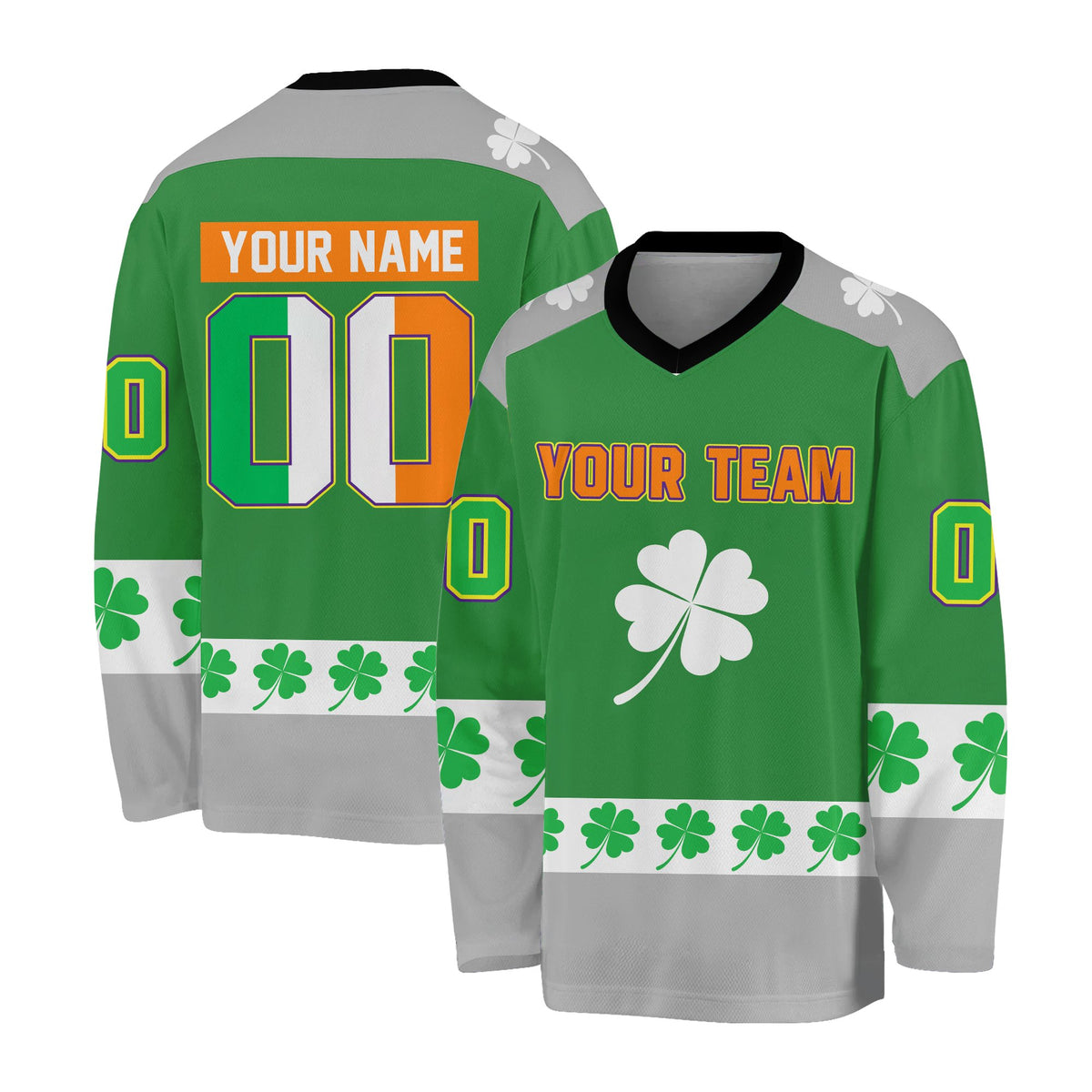 Orange holiday hockey jersey showing festive details, front view