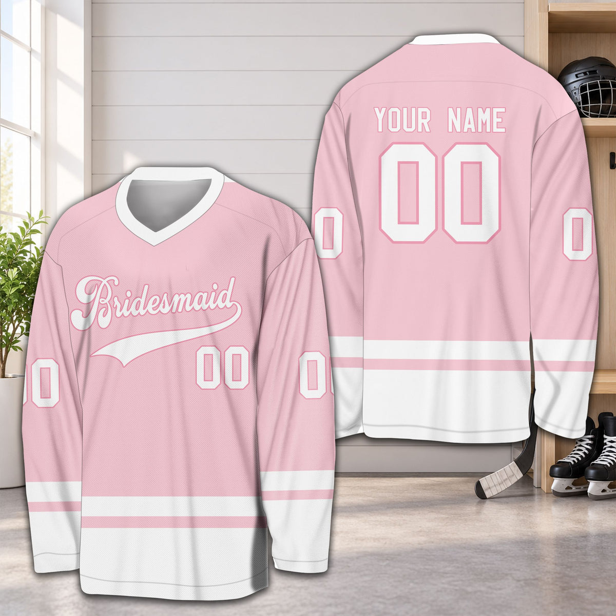 Pink personalized hockey jersey showing custom name and number, back view