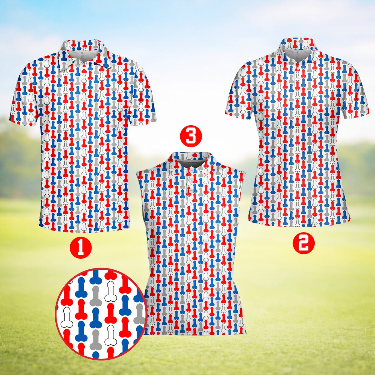 Final angle view of the adult humor polo shirt design