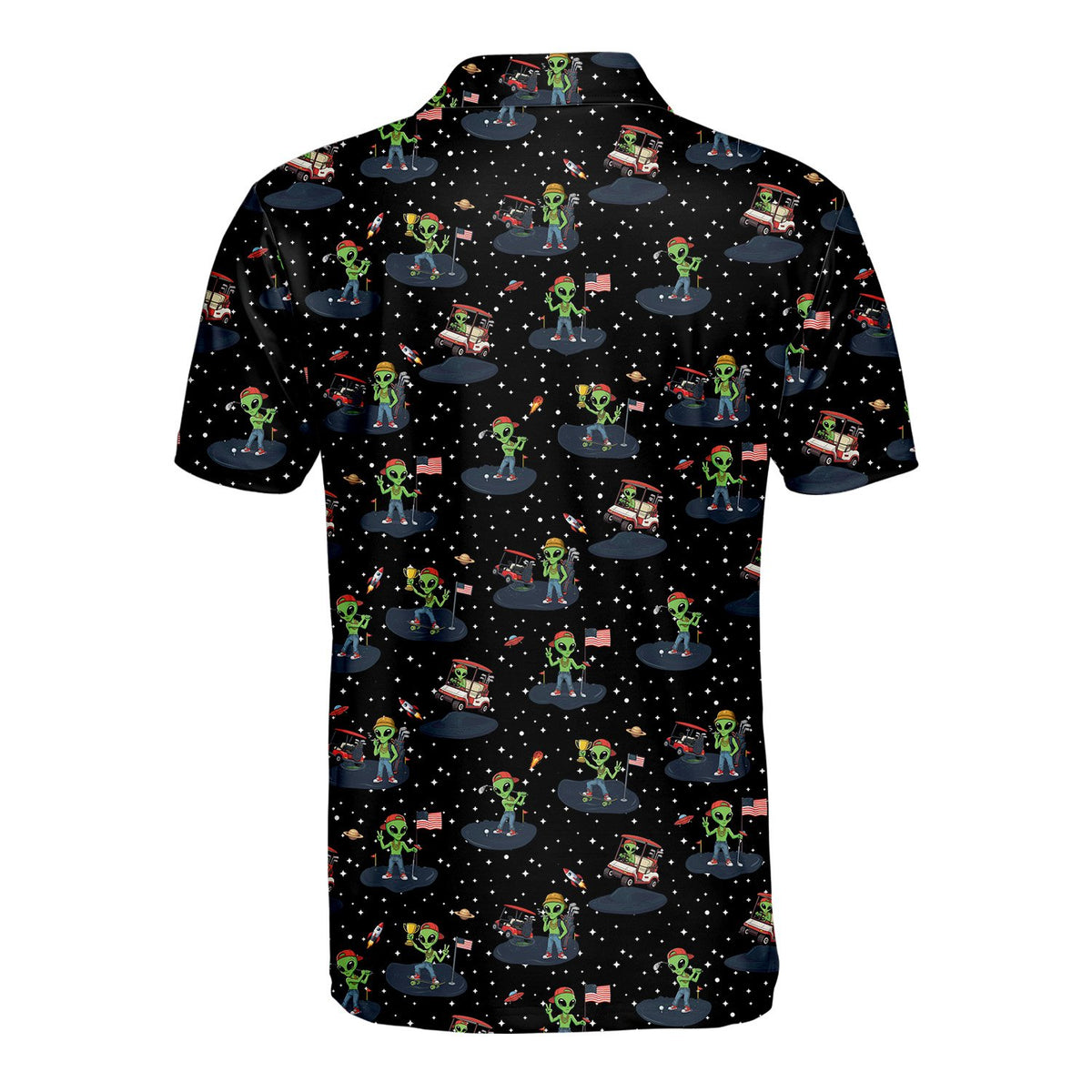 Back view of the alien golf polo shirt showing the repeating extraterrestrial pattern