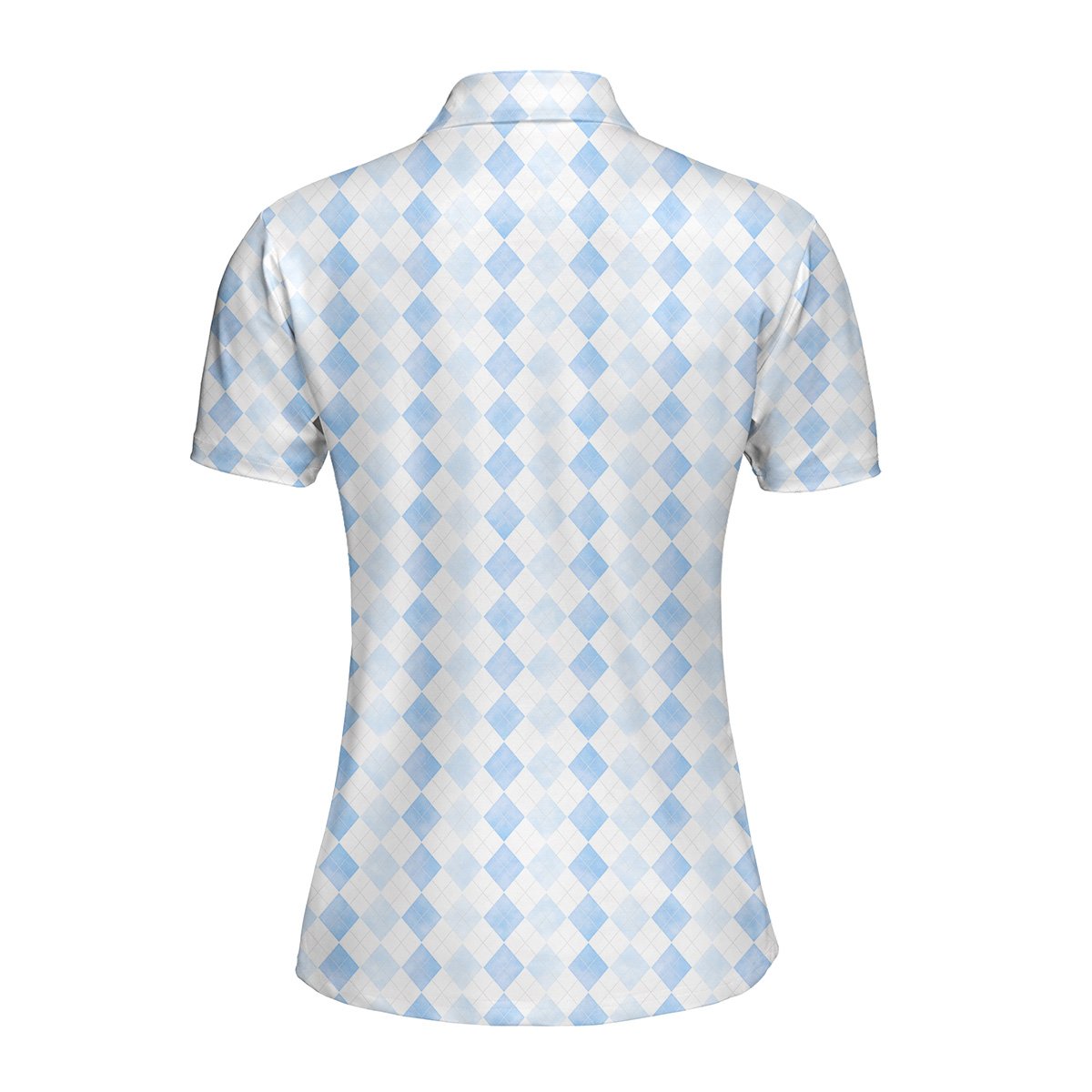 Light blue and white argyle polo shirt with geometric diamond pattern, back view 2