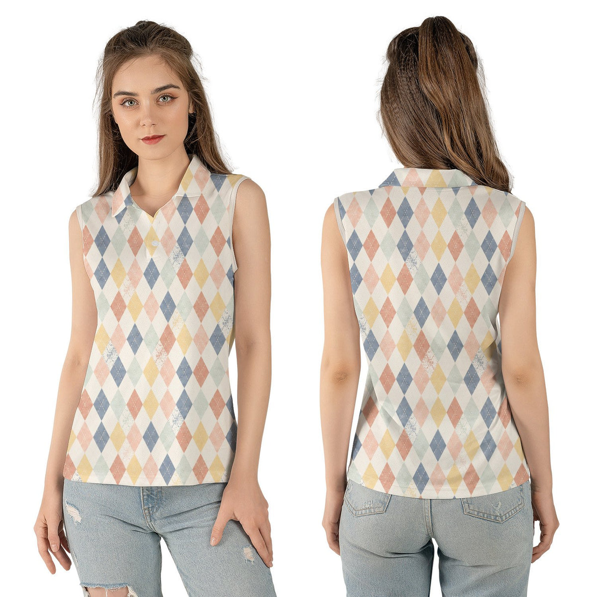 Geometric print polo shirt, multicolor argyle pattern, lifestyle view