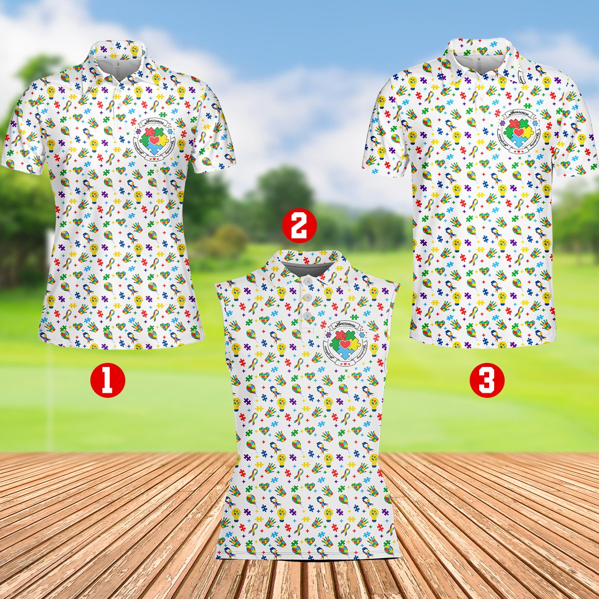 White autism awareness polo shirt, lifestyle front view
