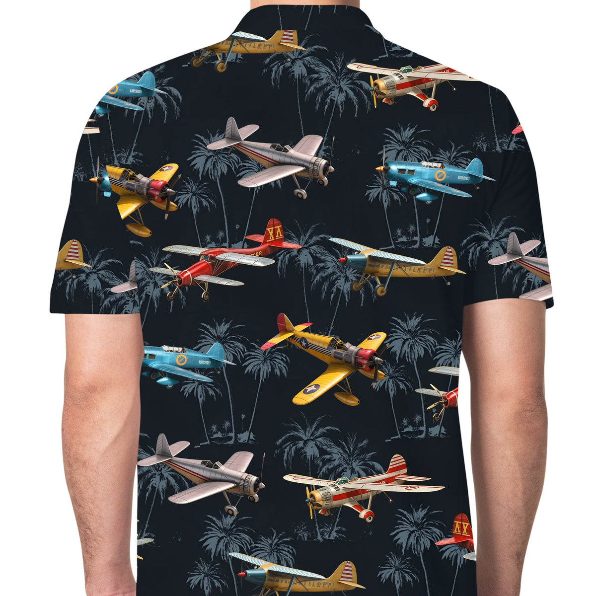 Third lifestyle view of the navy aviation polo shirt in a casual setting