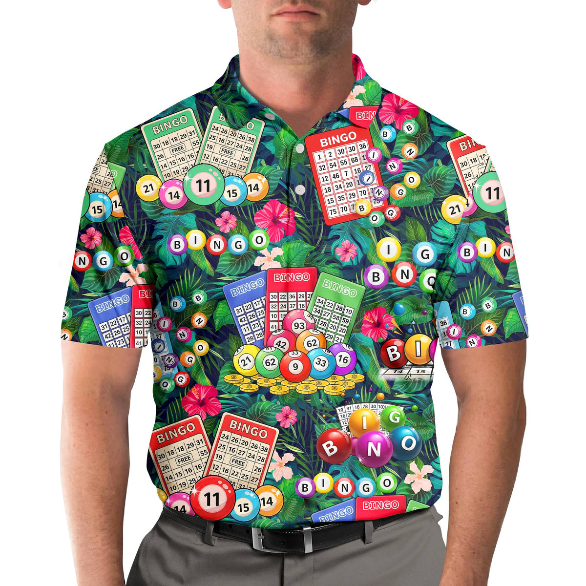 Third lifestyle view showcasing the bold tropical bingo print on the polo shirt
