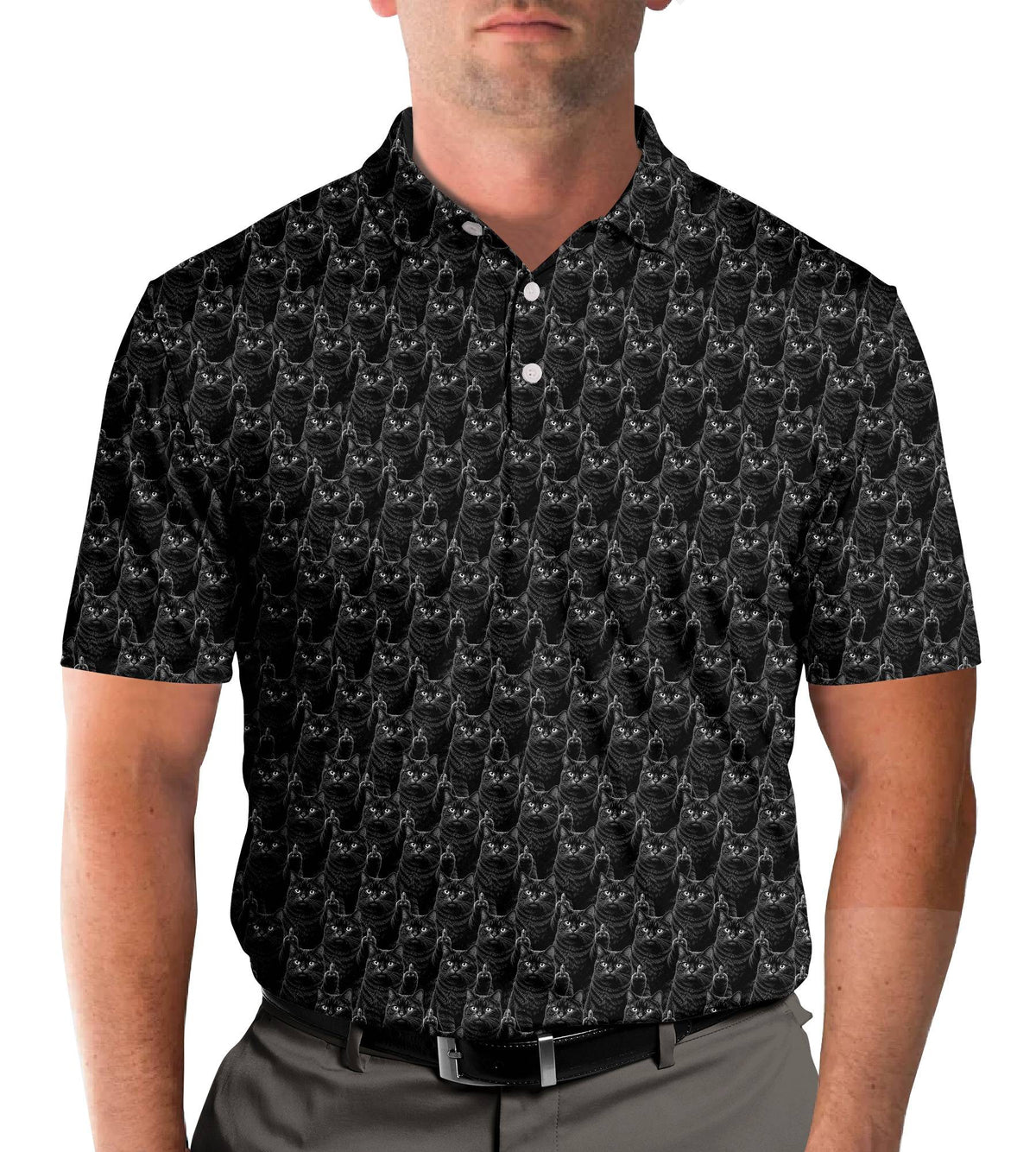 Lifestyle image showing the multicolor feline pattern polo shirt being worn