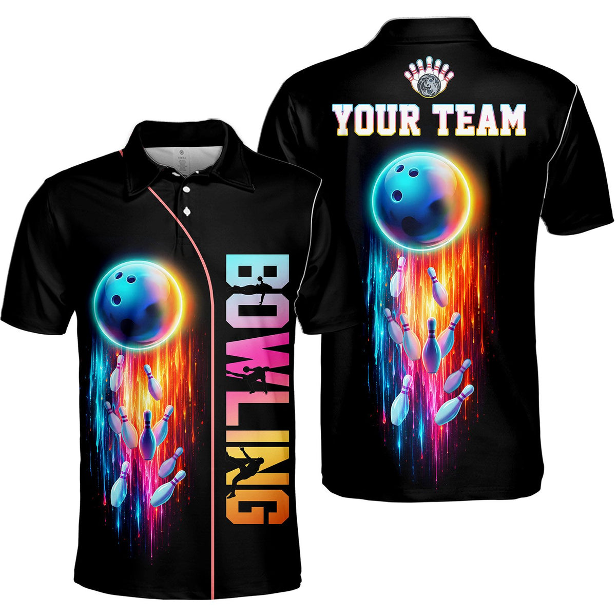 Personalized polo shirt bowling shirts with neon abstract bowling graphic and custom text on a black background, front view