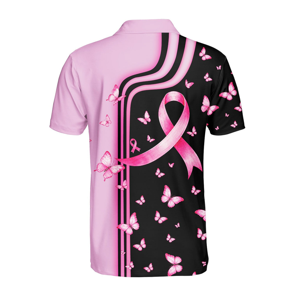 Back view of the personalized breast cancer awareness polo shirt