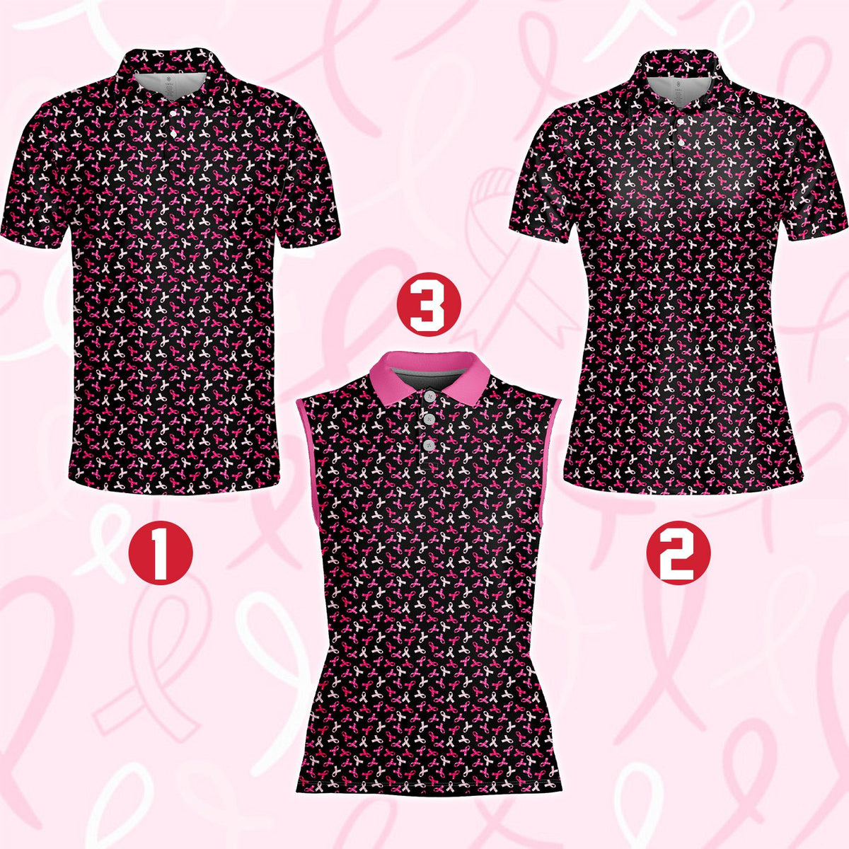 Breast cancer awareness polo shirt featuring a multicolor pink ribbon pattern, fourth front view