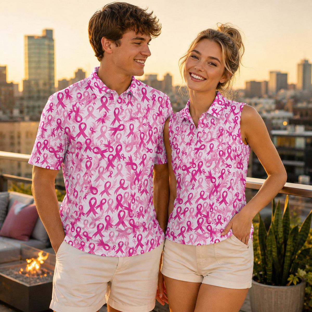 Lifestyle view of the breast cancer awareness pink ribbon polo shirt