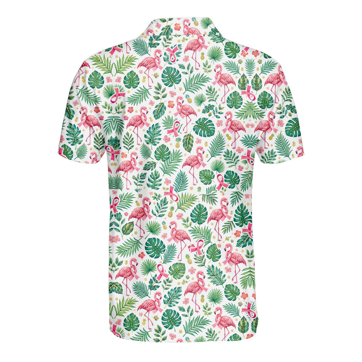 Back view of the tropical flamingo and breast cancer awareness ribbon polo shirt