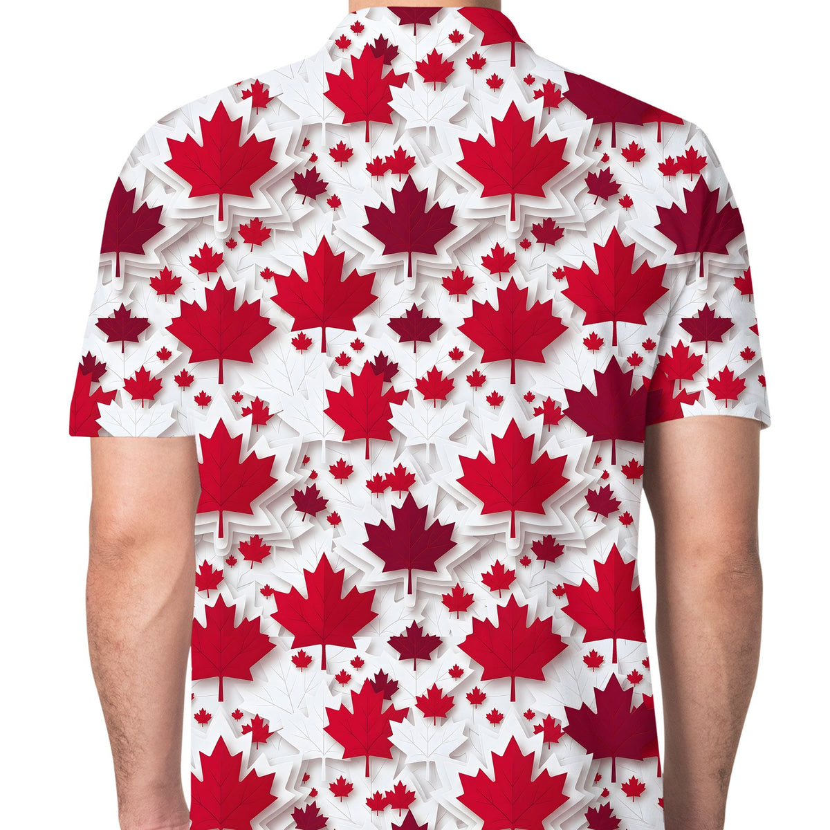 Second lifestyle image of adult wearing the red maple leaf pattern polo shirt