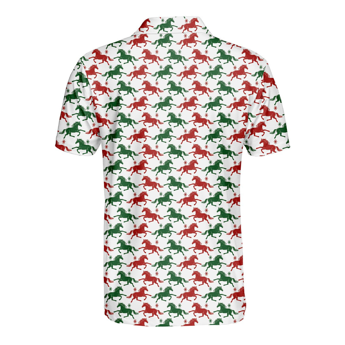 Back view of the Christmas horses polo shirt showing the all-over print