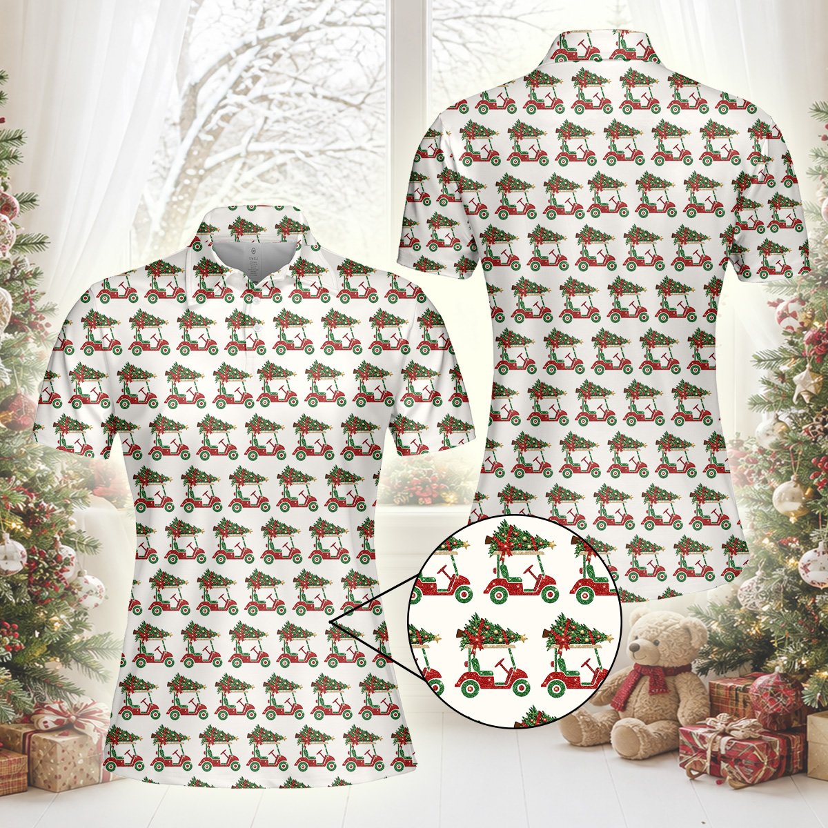 Lifestyle view 4 of someone wearing a white polo christmas shirt with a golf cart design