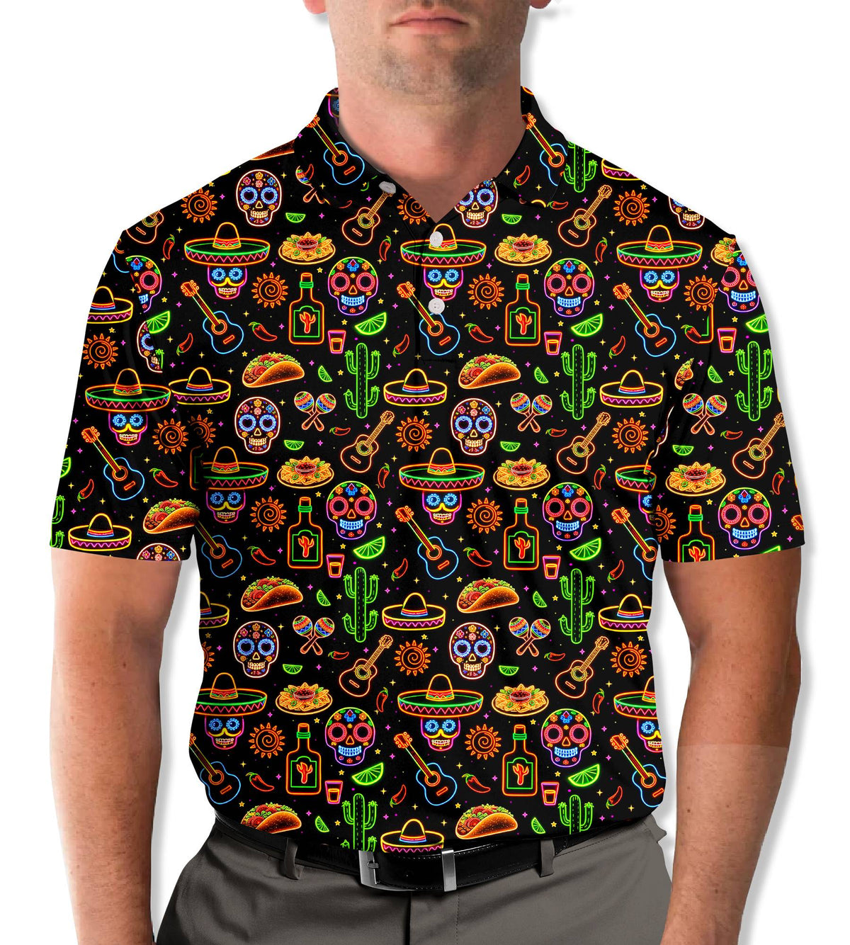 Lifestyle view of neon Mexican icons pattern polo shirt