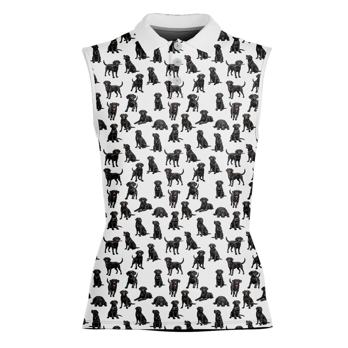 Close up of the men's white polo shirt with black Labrador dogs, front view