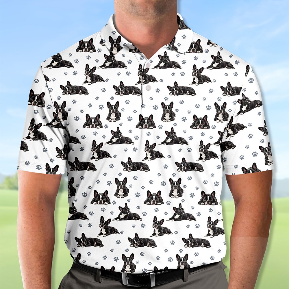 Alternate lifestyle view of a person wearing the white polo shirt with French Bulldogs print