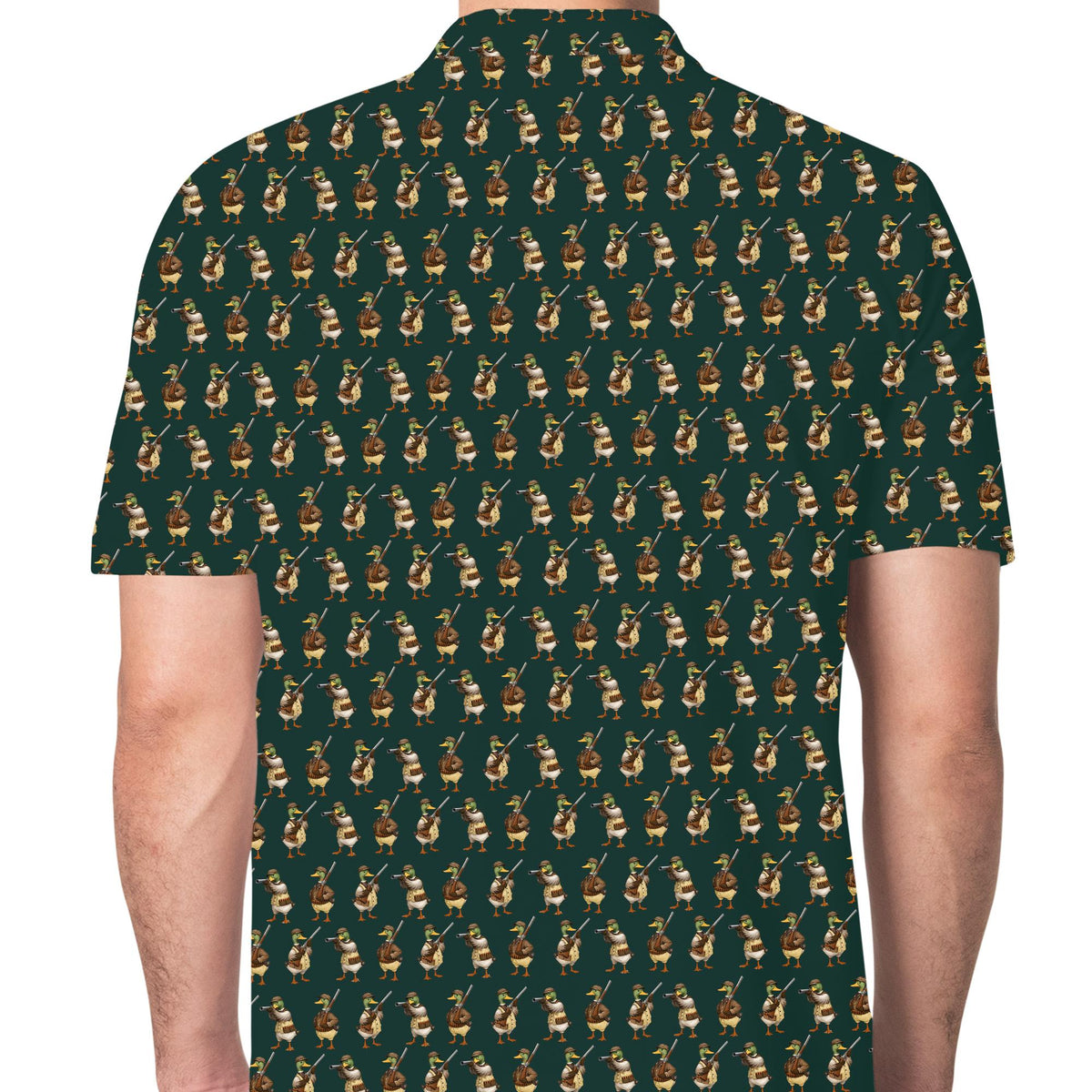 Third lifestyle view of the green duck polo shirt in an outdoor setting