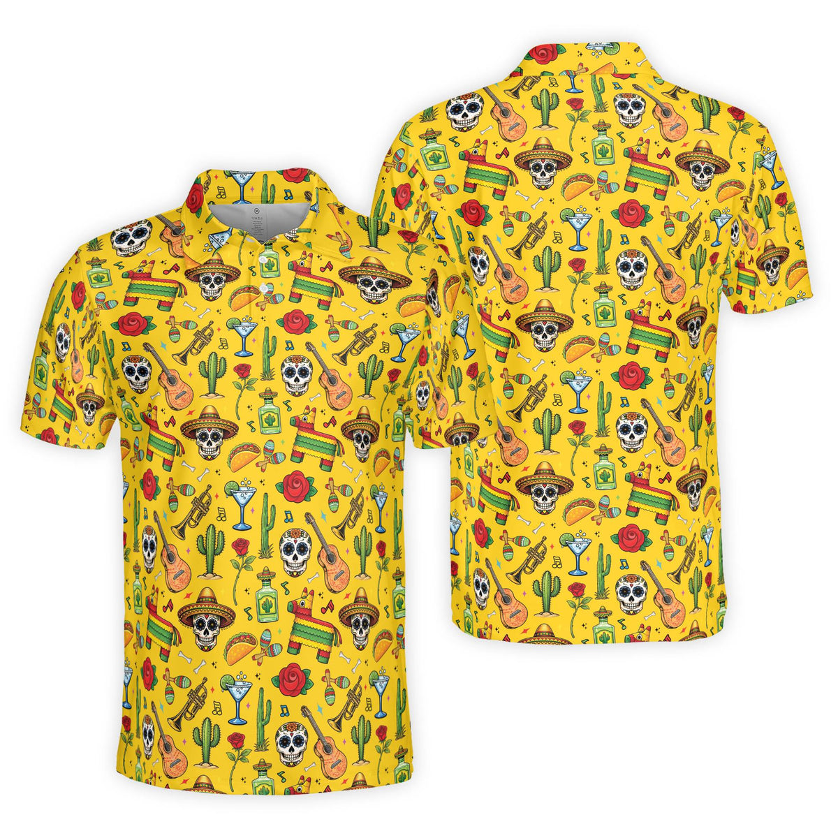 Yellow polo shirt with festive fiesta print, front view