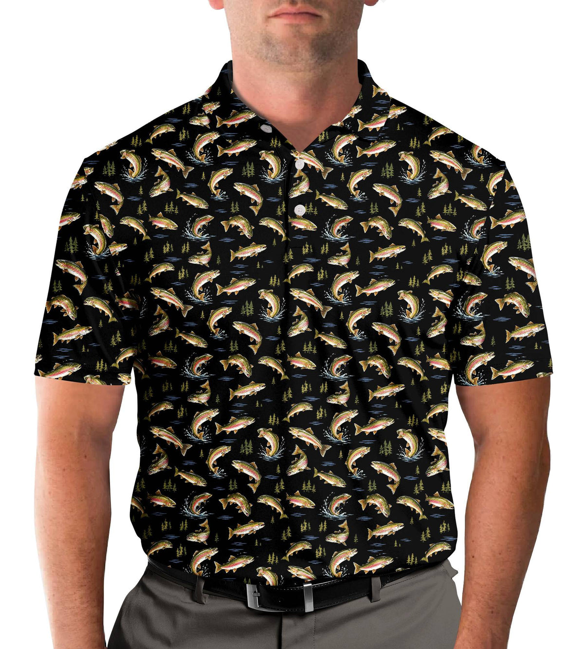 Second lifestyle view of the fishing polo shirt with trout and pine trees