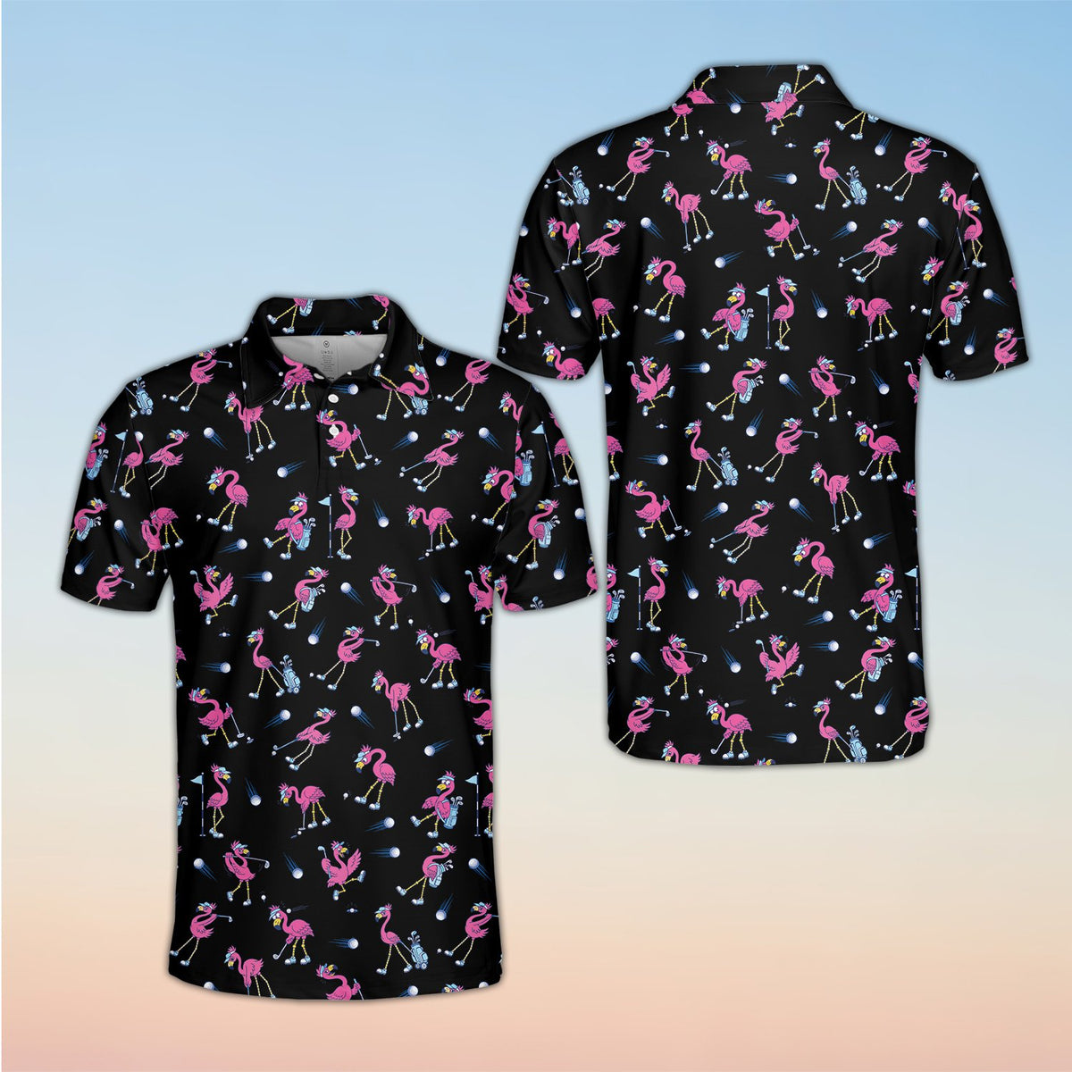 Front view of flamingo print polo shirt in black