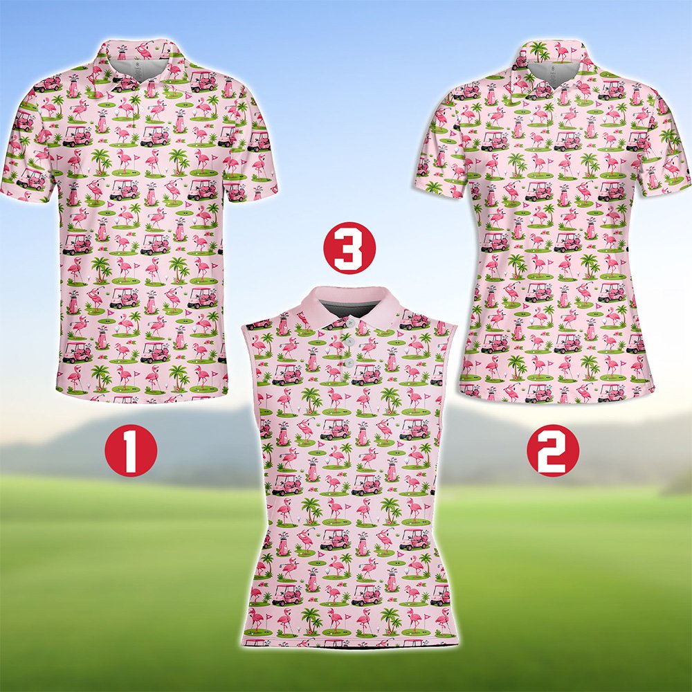 Light pink flamingo polo shirt with tropical golf print, front view 5