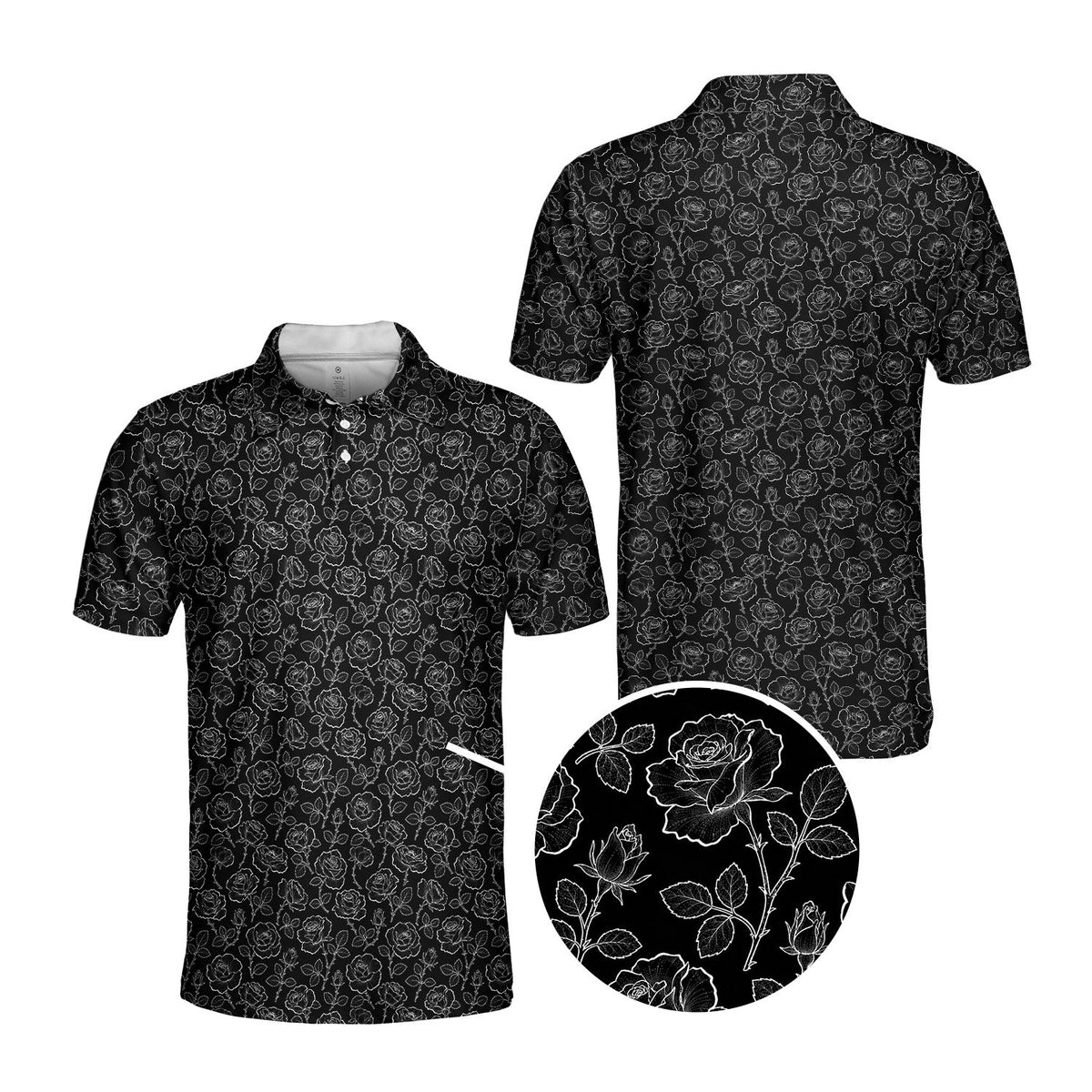 Back view of the black polo shirt with floral design