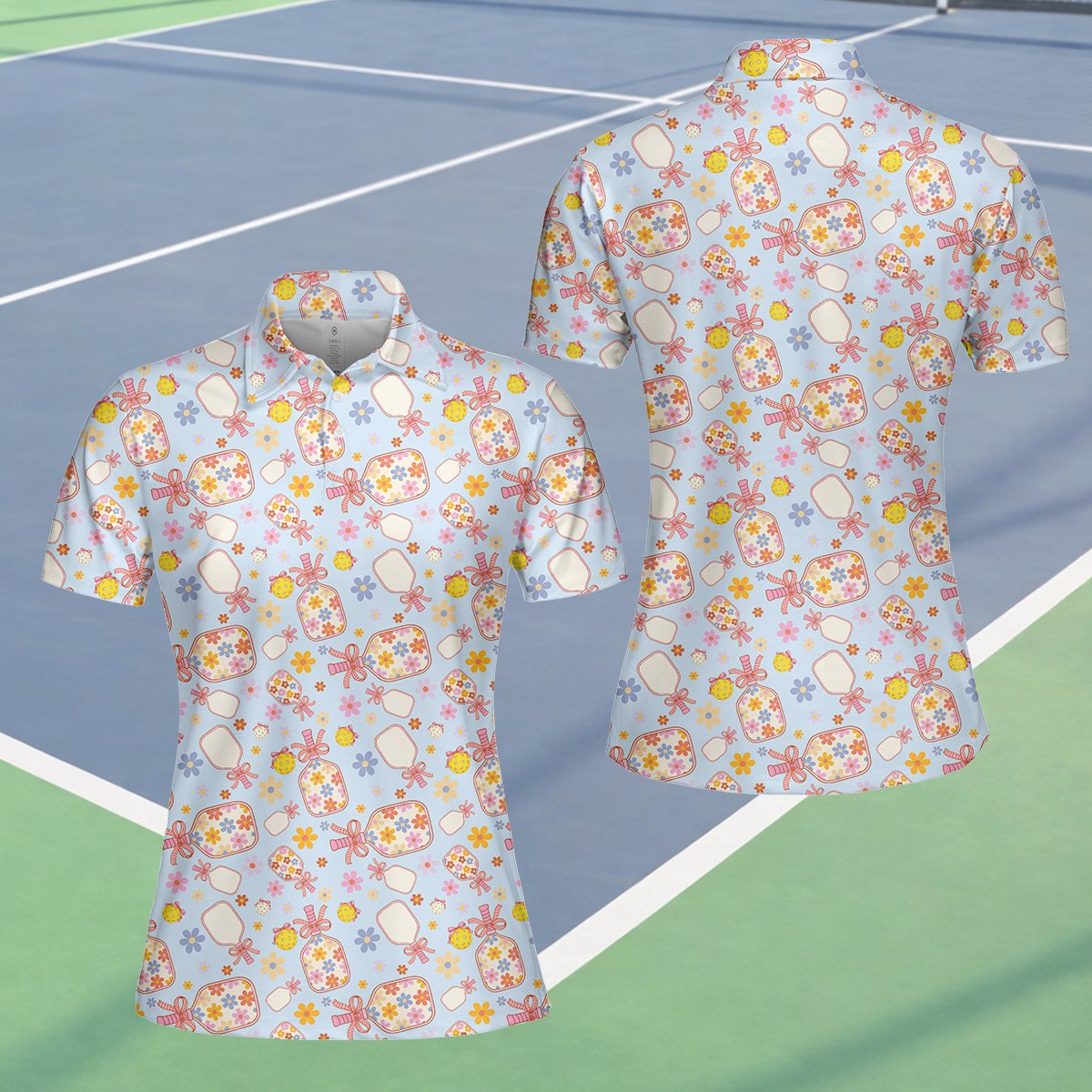 Alternative front view of the light blue pickleball polo shirt