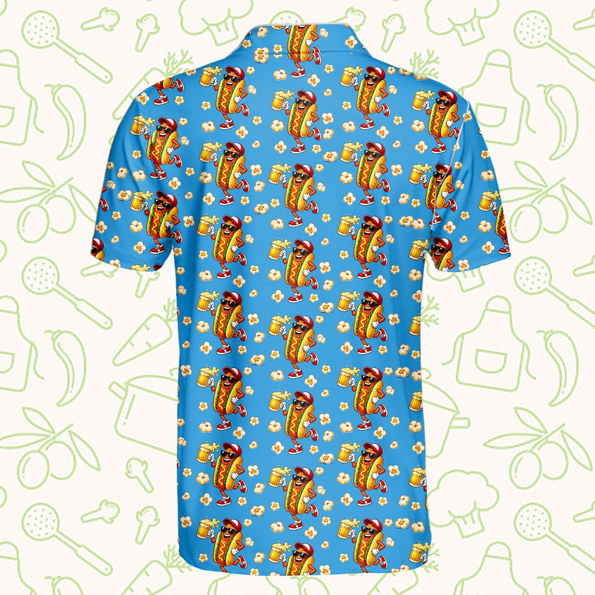 Detailed back view of the light blue hot dog pattern polo shirt