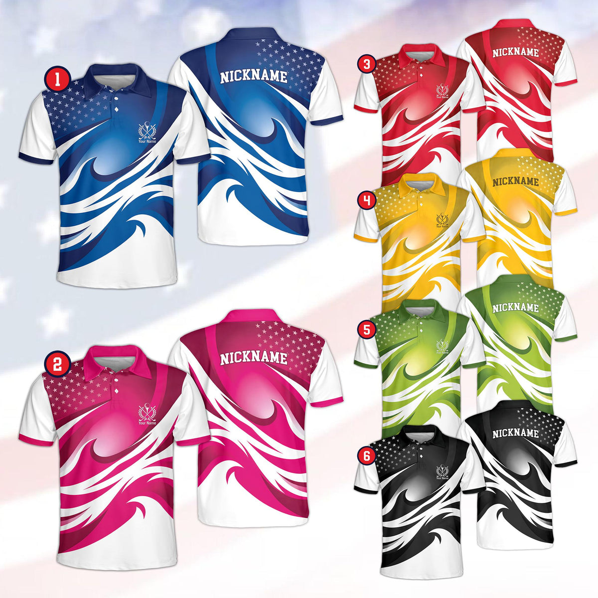 Personalized polo shirt in multicolor with custom name and number, front view