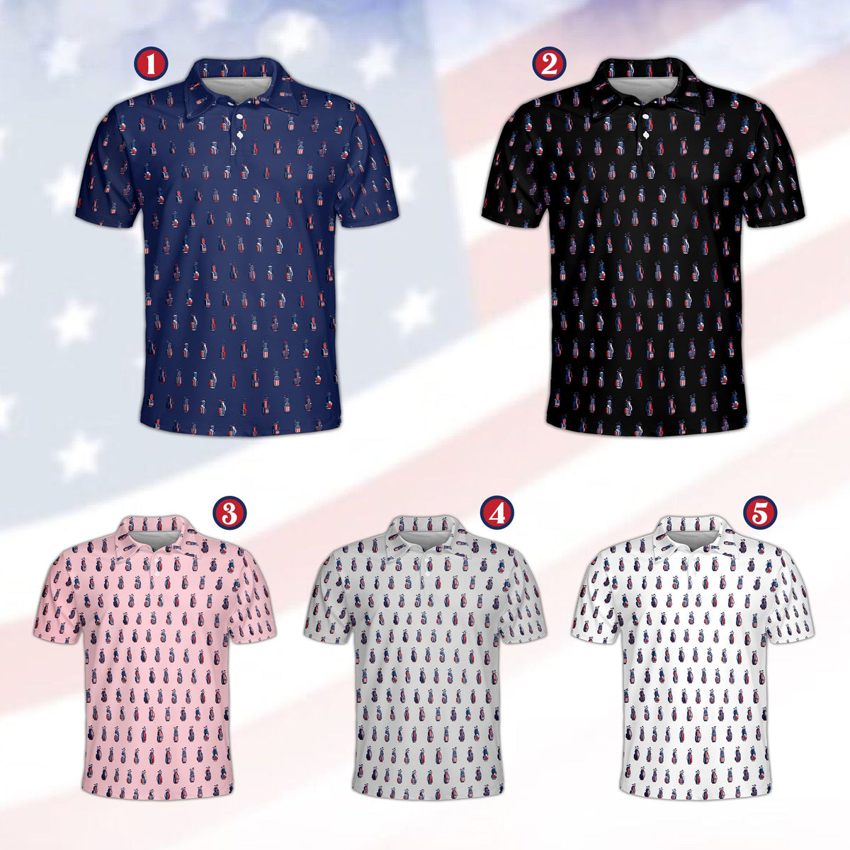 Multicolor view of Fourth of July golf bag polo shirts