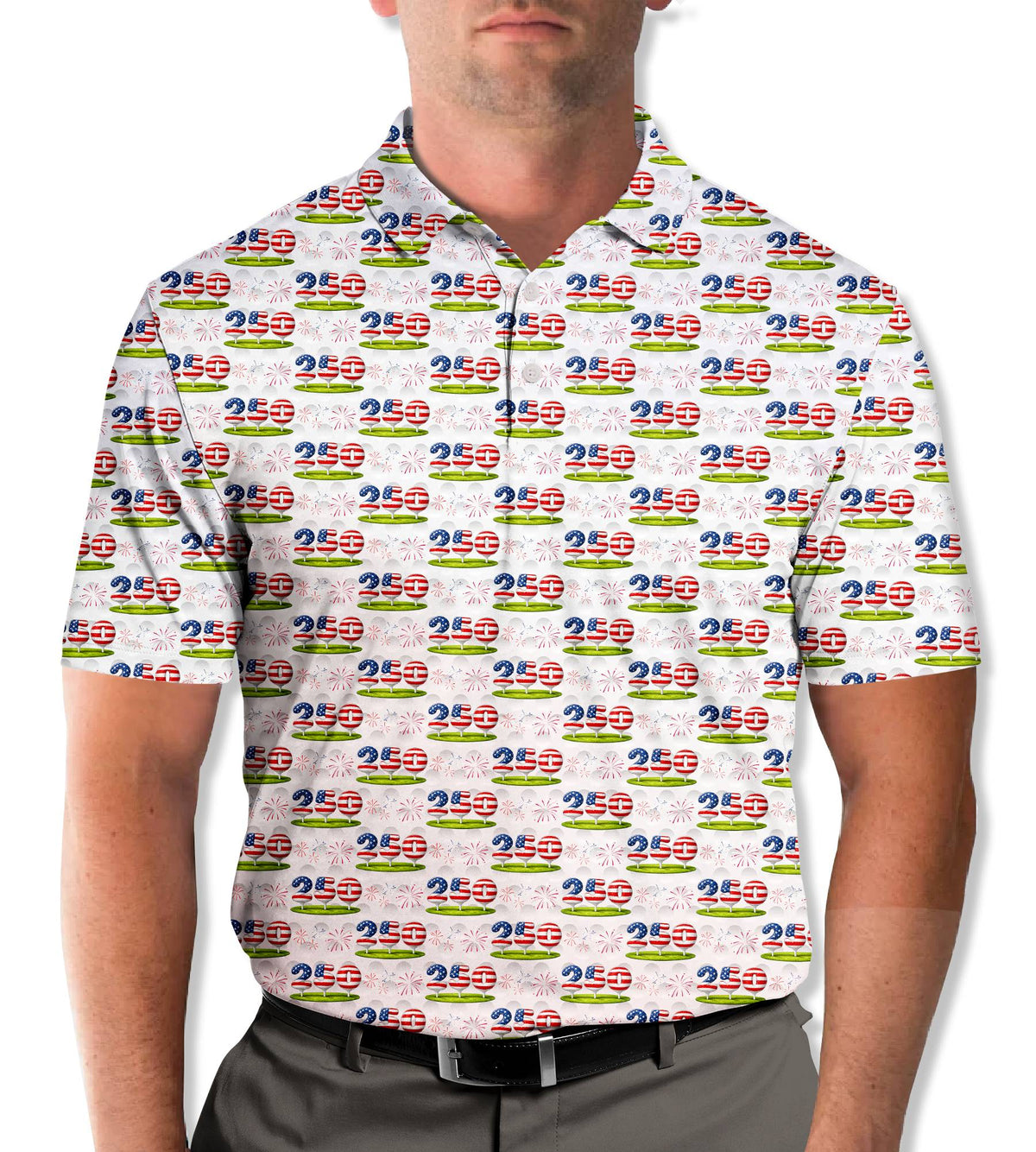 Lifestyle view of someone wearing the fourth of july polo shirt
