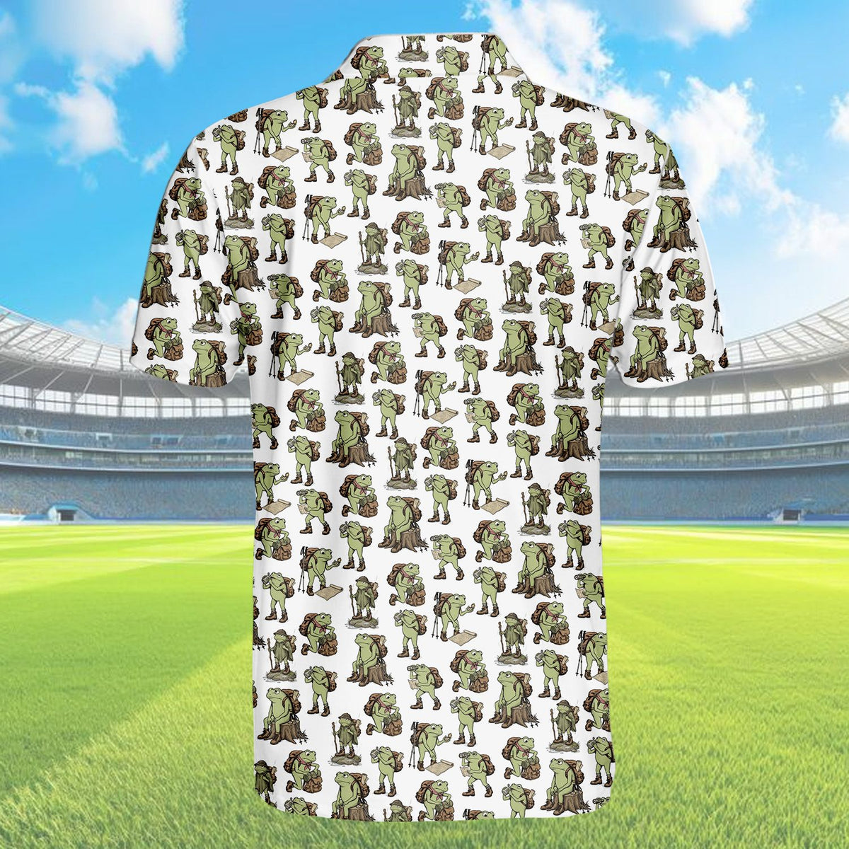 Close up back view of the frogs hiking polo shirt pattern