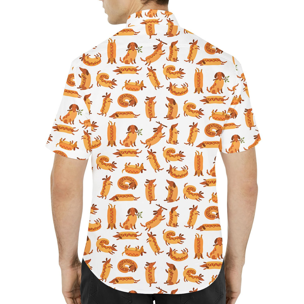White funny polo shirt with repeating cartoon dachshund and hot dog pattern, back view detailed
