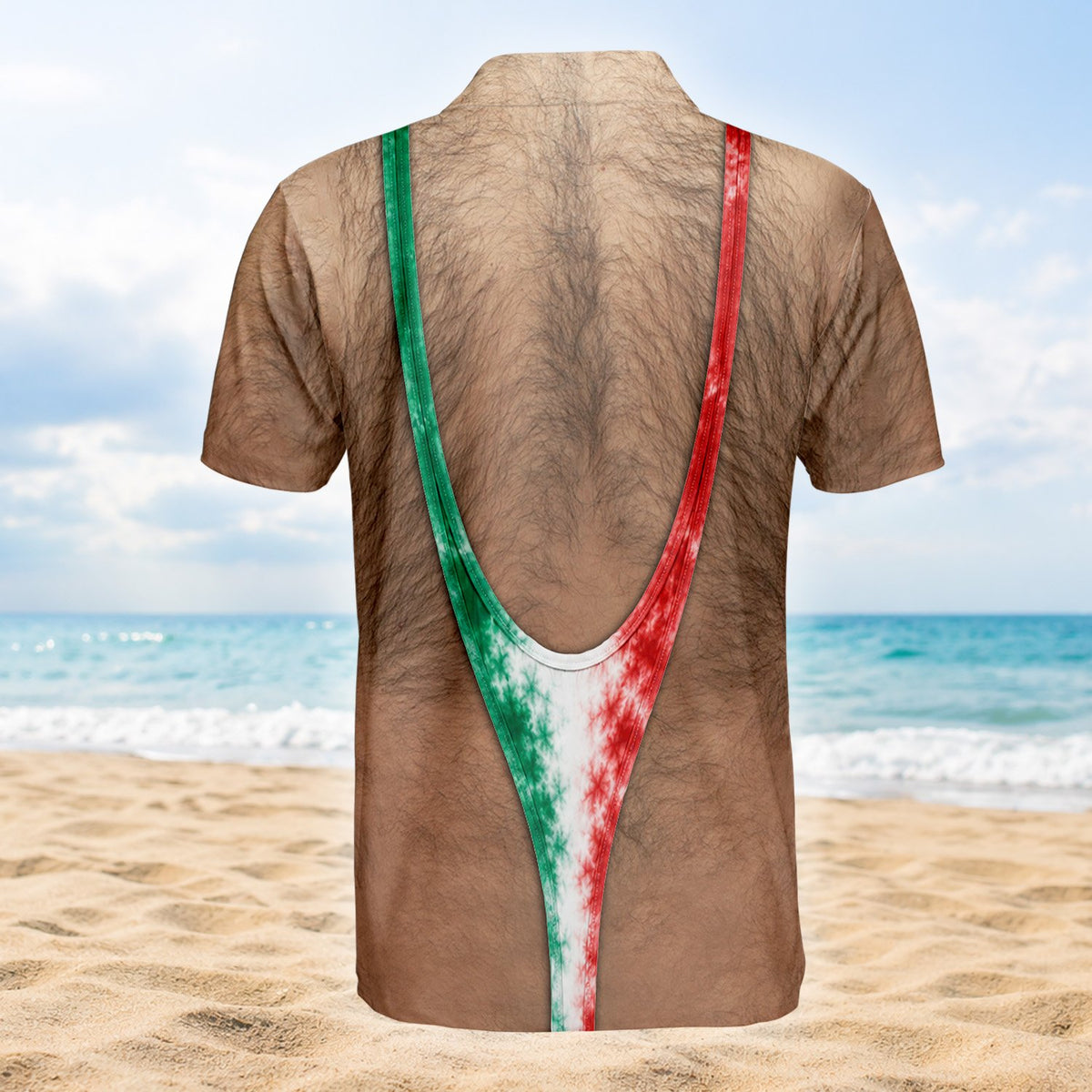 Funny polo shirt with photorealistic hairy torso and mankini, back view 3