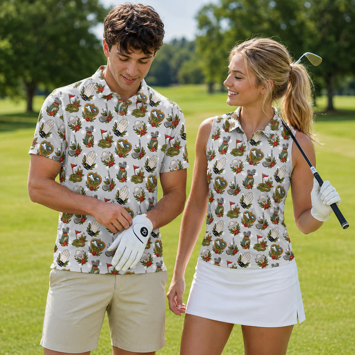 Lifestyle view of a person wearing the light gray retro golf pattern polo shirt