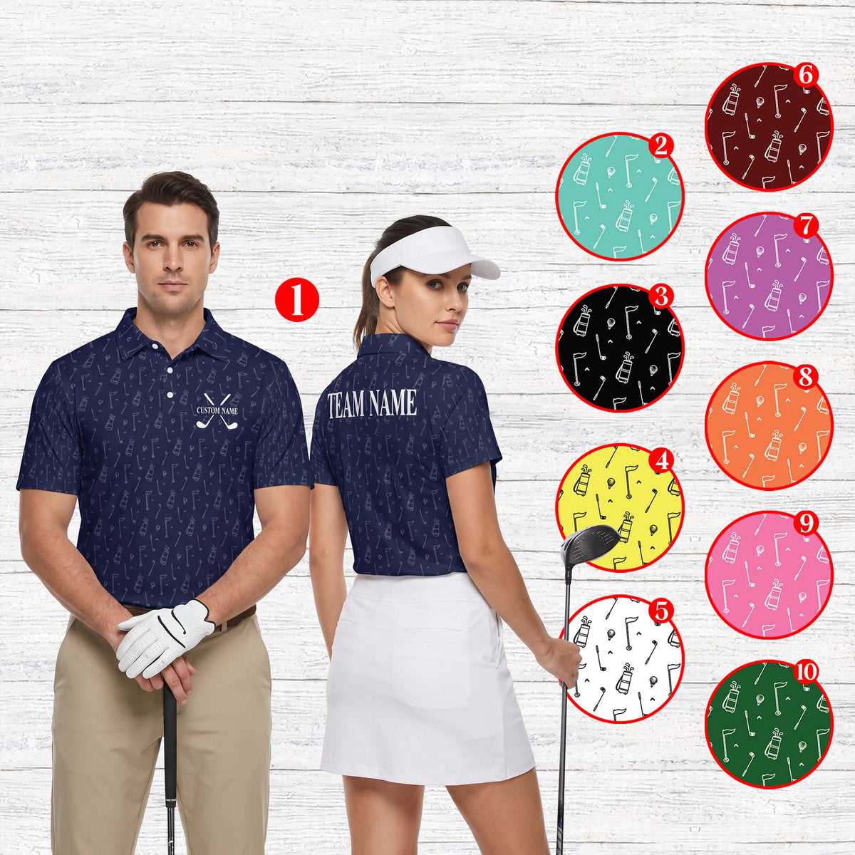 Adult wearing personalized navy golf polo shirt in a lifestyle setting