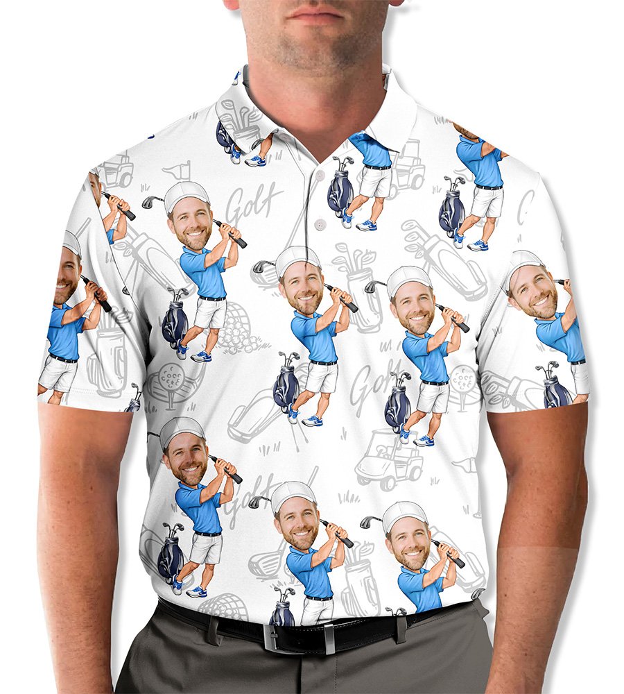 Lifestyle view of a person wearing the white golf polo shirt