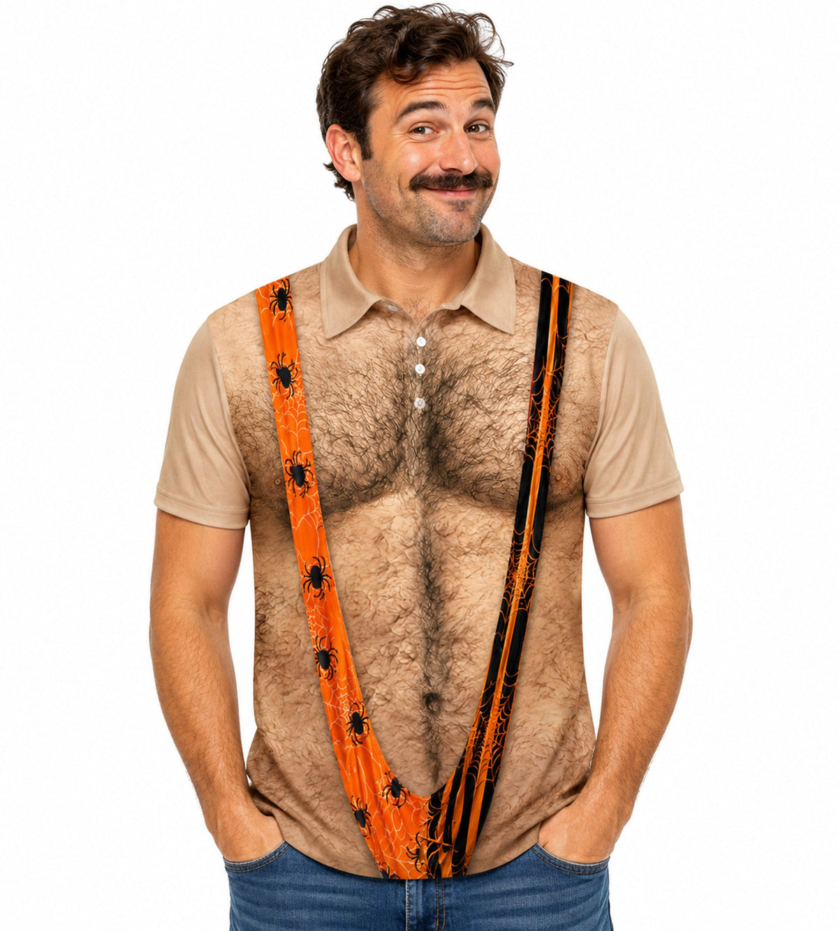 Halloween hairy chest and suspenders polo shirt, lifestyle view