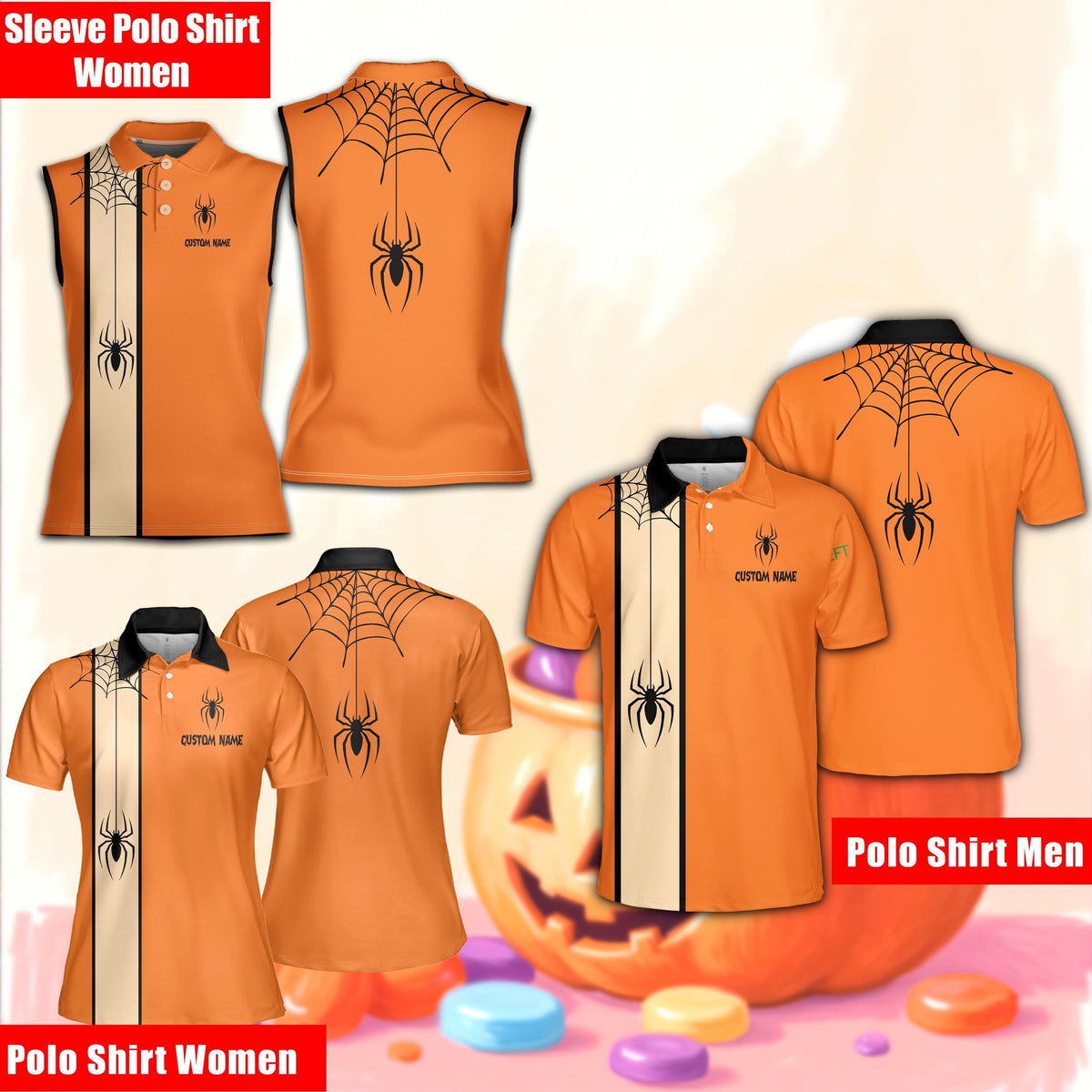 Additional view showing the large spider web on the back collar of the custom polo