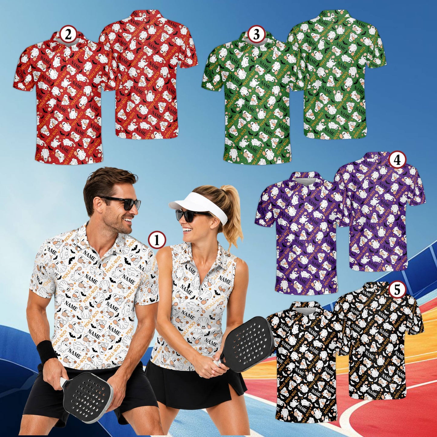 Lifestyle view of personalized multicolor halloween pickleball polo shirt
