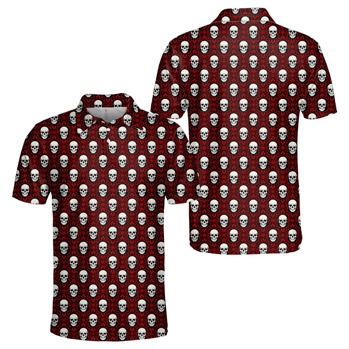 Close-up view of the white skulls and red damask pattern on the polo shirt