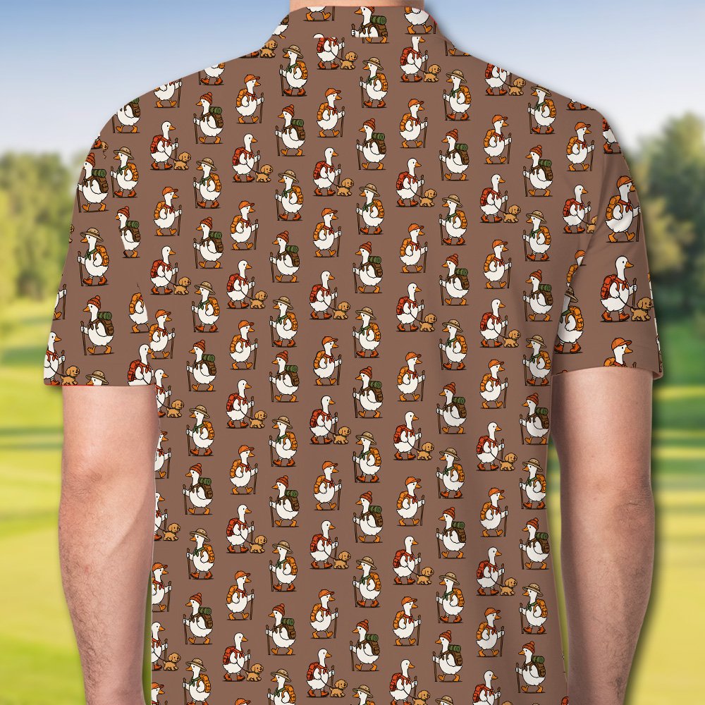 Close-up back view of the brown hiking polo shirt