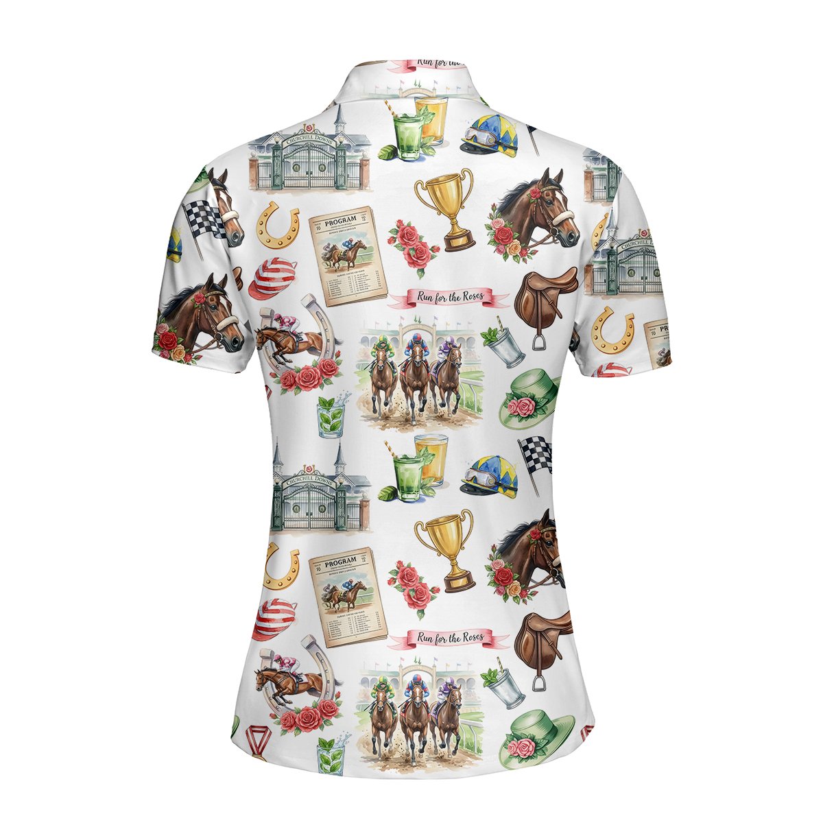 Alternative back view of the horse racing polo shirt design