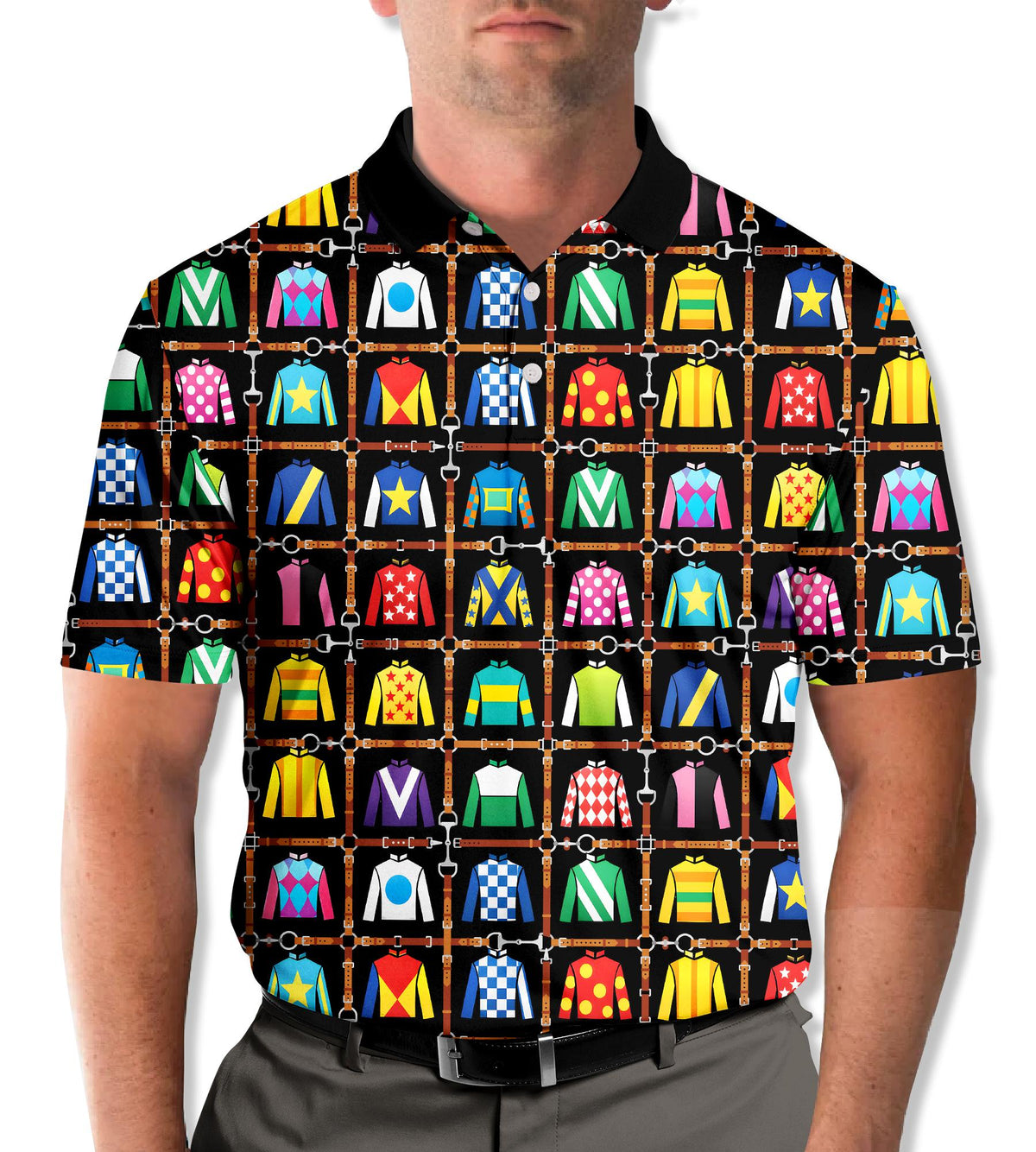 Lifestyle view of a person wearing the horse racing polo shirt outdoors