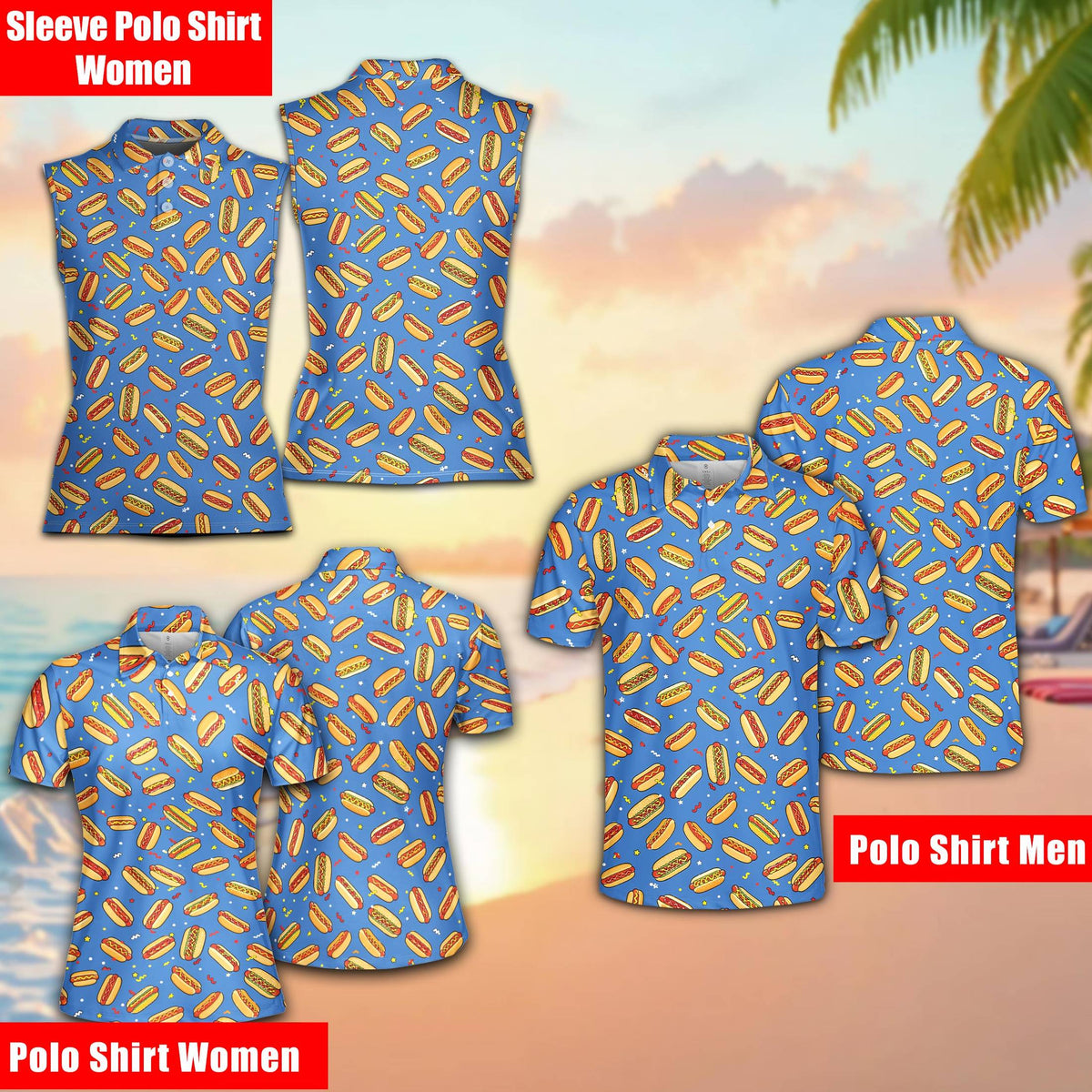 Additional view showing the all-over hot dog print on the polo shirt