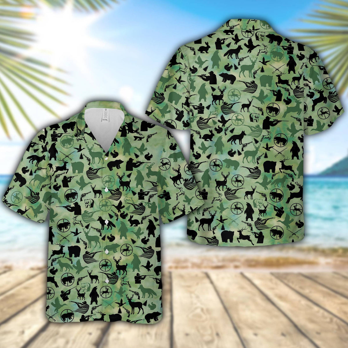 Green hunting/outdoors polo shirt with black wildlife silhouettes, front view