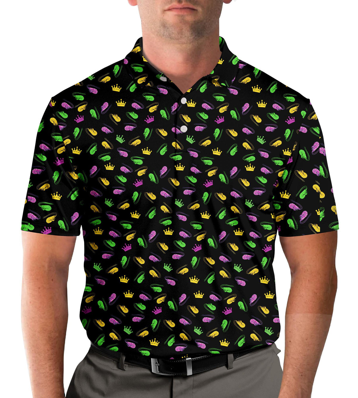 Third lifestyle view showcasing the mardi gras polo shirt outdoors