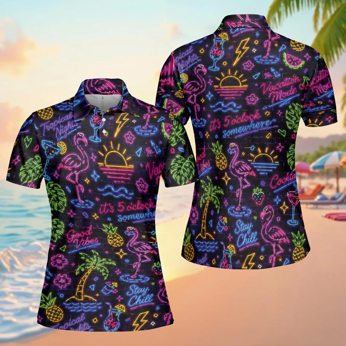 Detailed front view of the tropical polo shirt showing neon cocktail and palm tree motifs